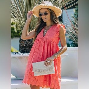 Cotton Eyelet California Romper Dress with Pockets - Coral Rose - Shorts Lined